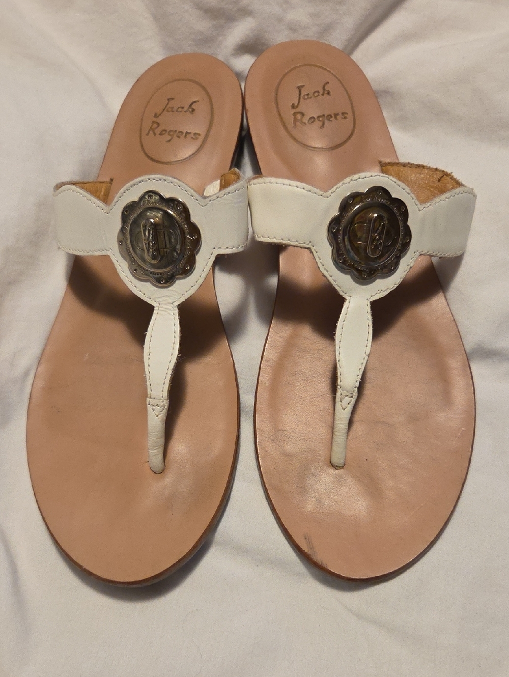 Jack Rogers White Leather Thong Sandals with Medallion